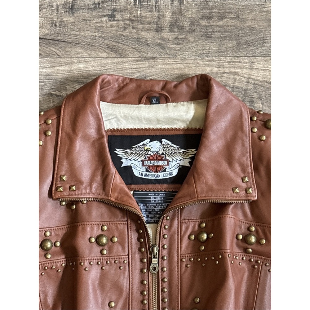 Harley Davidson Womens XL Full Zip Leather Jacket‎ Studded Brown Biker Riding